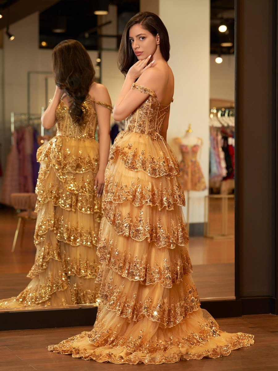 Gold Princess A Line Off The Shoulder Corset Prom Dress with Lace Ruffles Gold / 6 Gold Princess A Line Off The Shoulder Corset Prom Dress with Lace Ruffles Gold / 6
