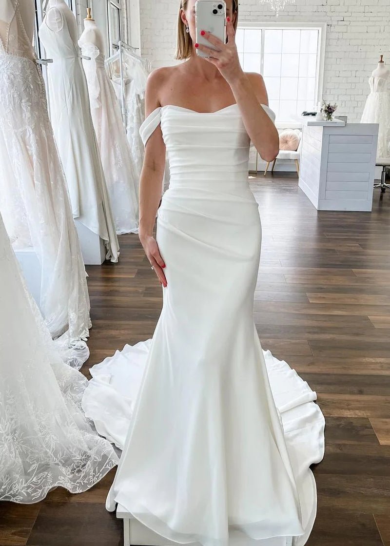 plus size elegant dresses for special occasions Chic & Modern A-Line Off-Shoulder Satin Waist Wedding Dress Bridal Gown QW8017 US14 / White & Ivory main image 0