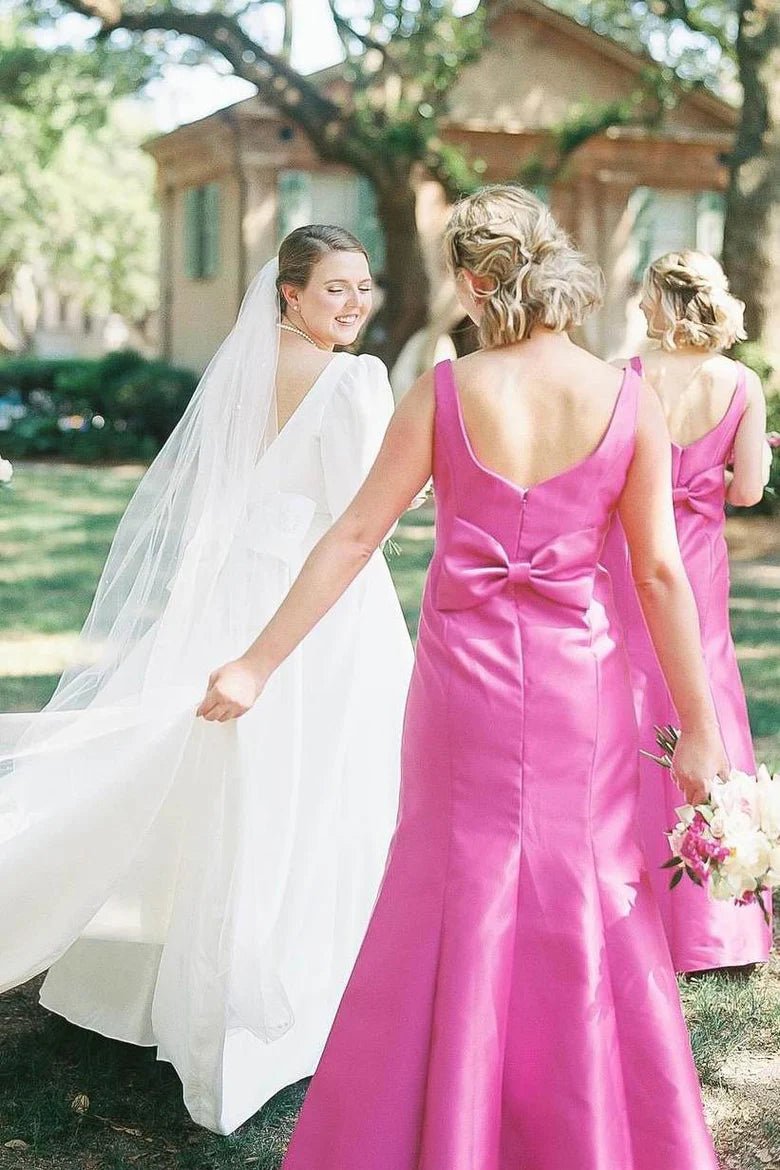 Sheath Square Neck Fuchsia Satin Bridesmaid Dresses with Bow, Fuchsia / 4