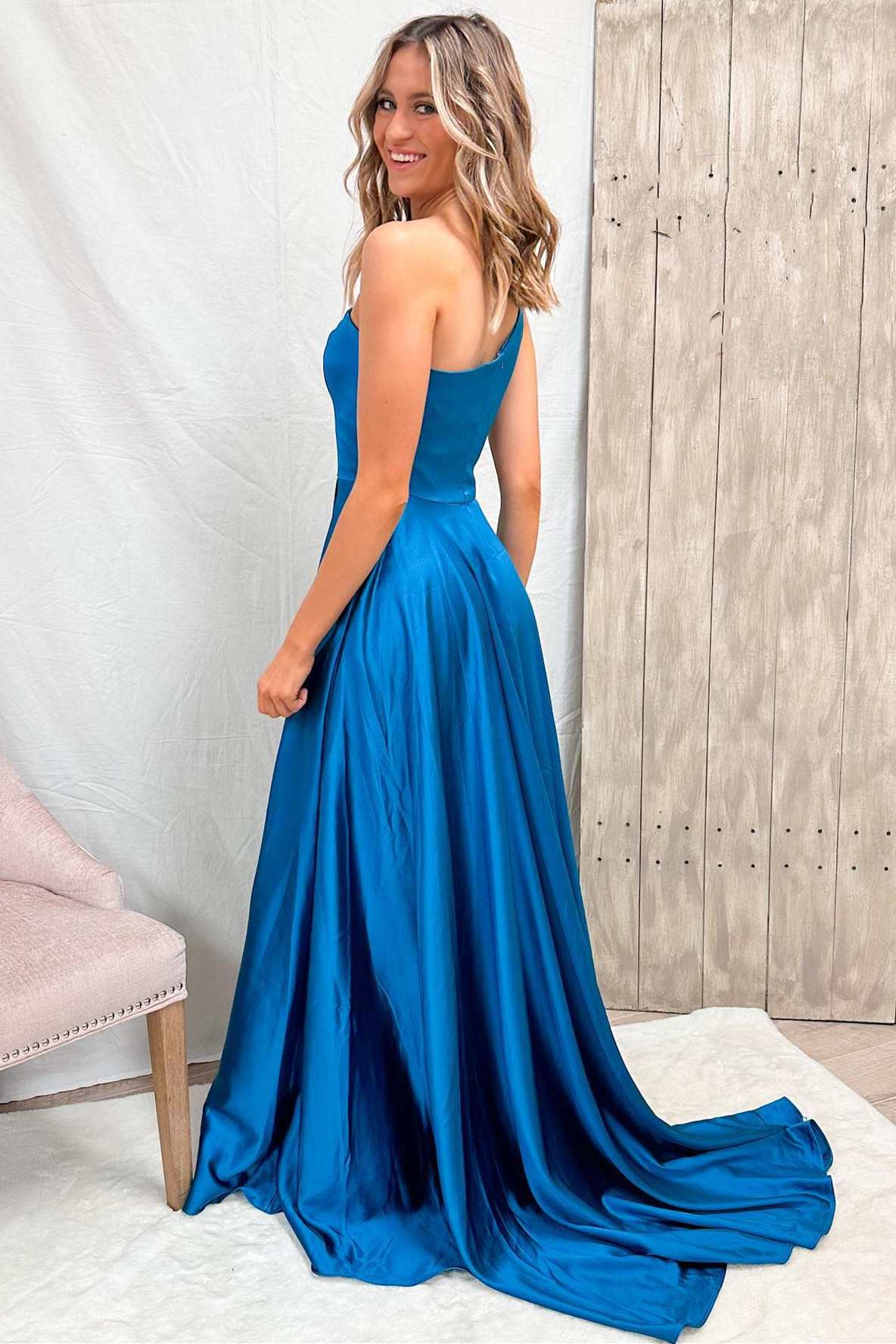 Blue One-Shoulder Wrap A-Line Prom Dress