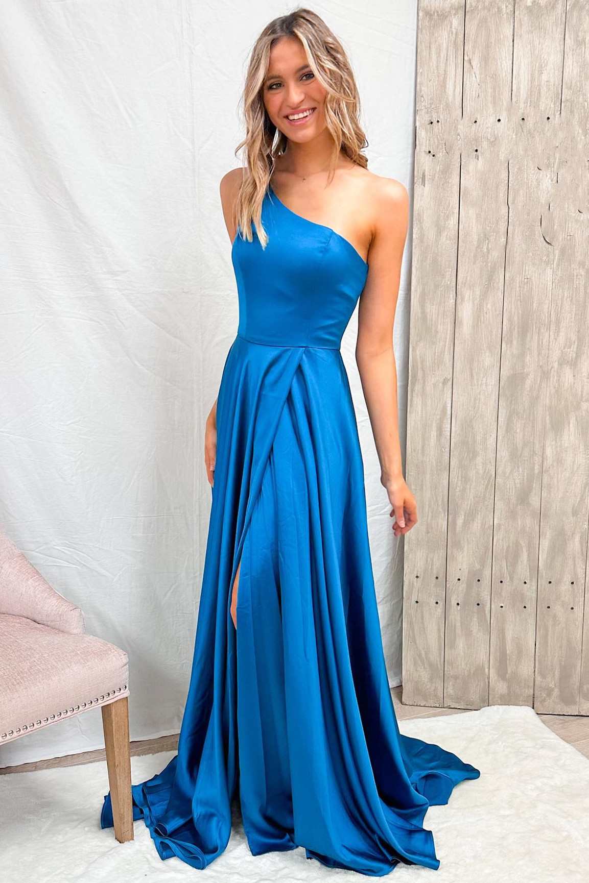 Blue One-Shoulder Wrap A-Line Prom Dress