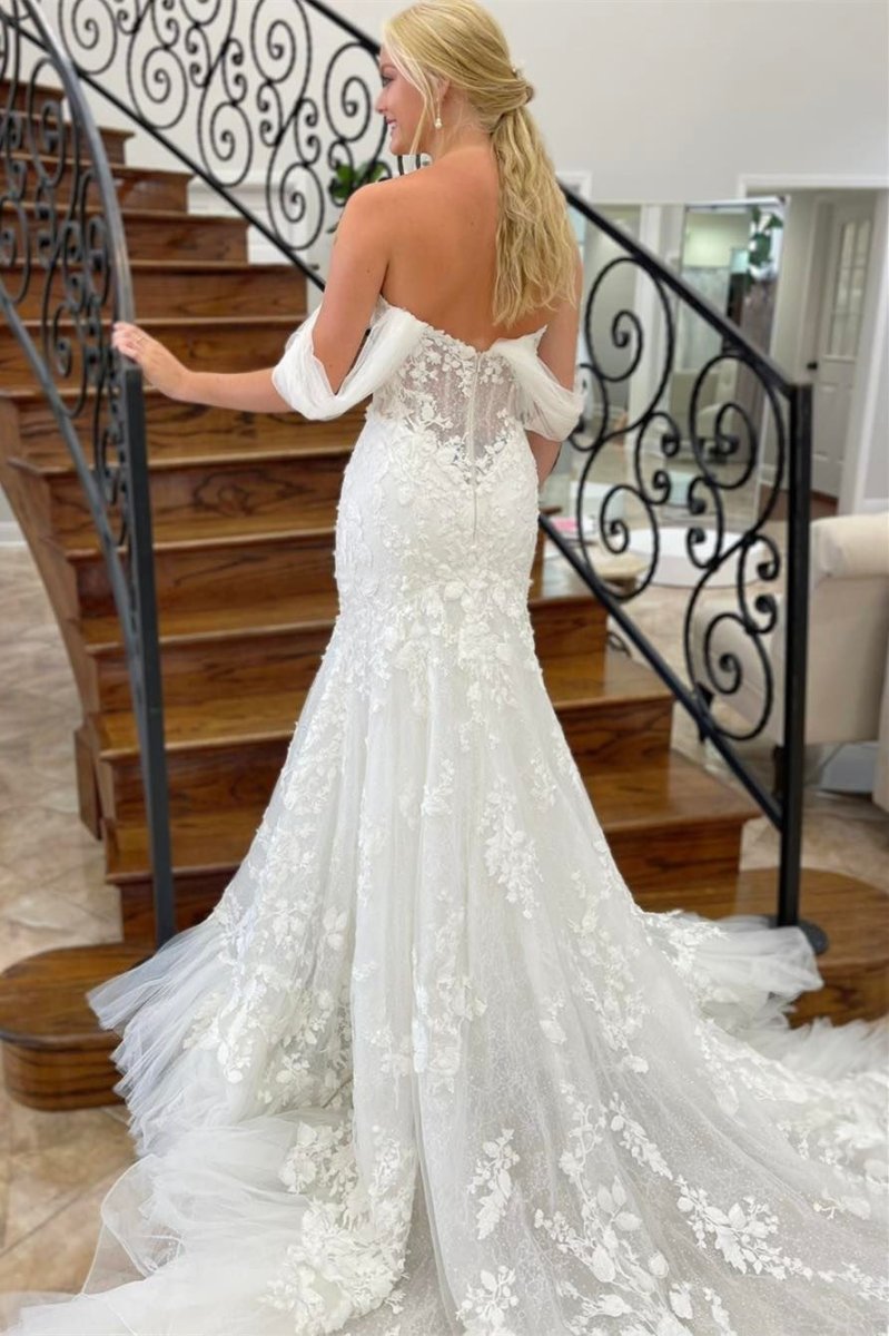 Ivory Tulle Appliques Off-the-Shoulder Mermaid Long Wedding Dress
