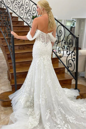 Ivory Tulle Appliques Off-the-Shoulder Mermaid Long Wedding Dress