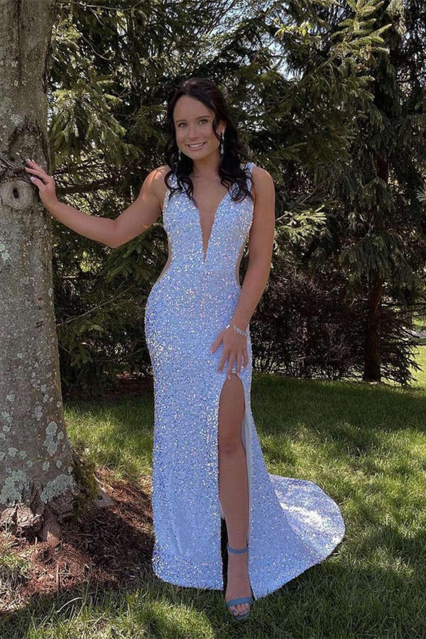 Glitter V-Neck Backless Sequins Long Mermaid Prom Dress - KissProm