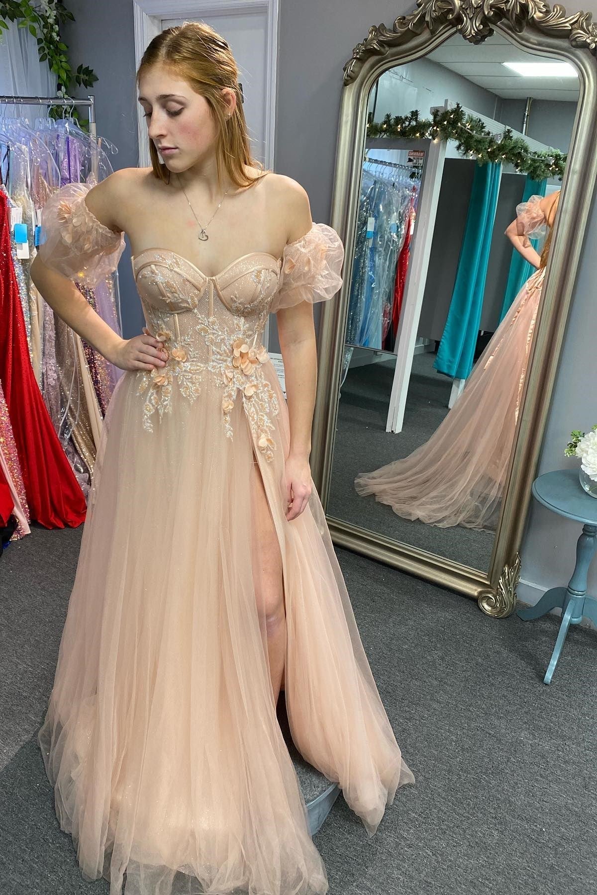 Tulle 3D Floral Lace Sweetheart A-Line Prom Dress with Slit