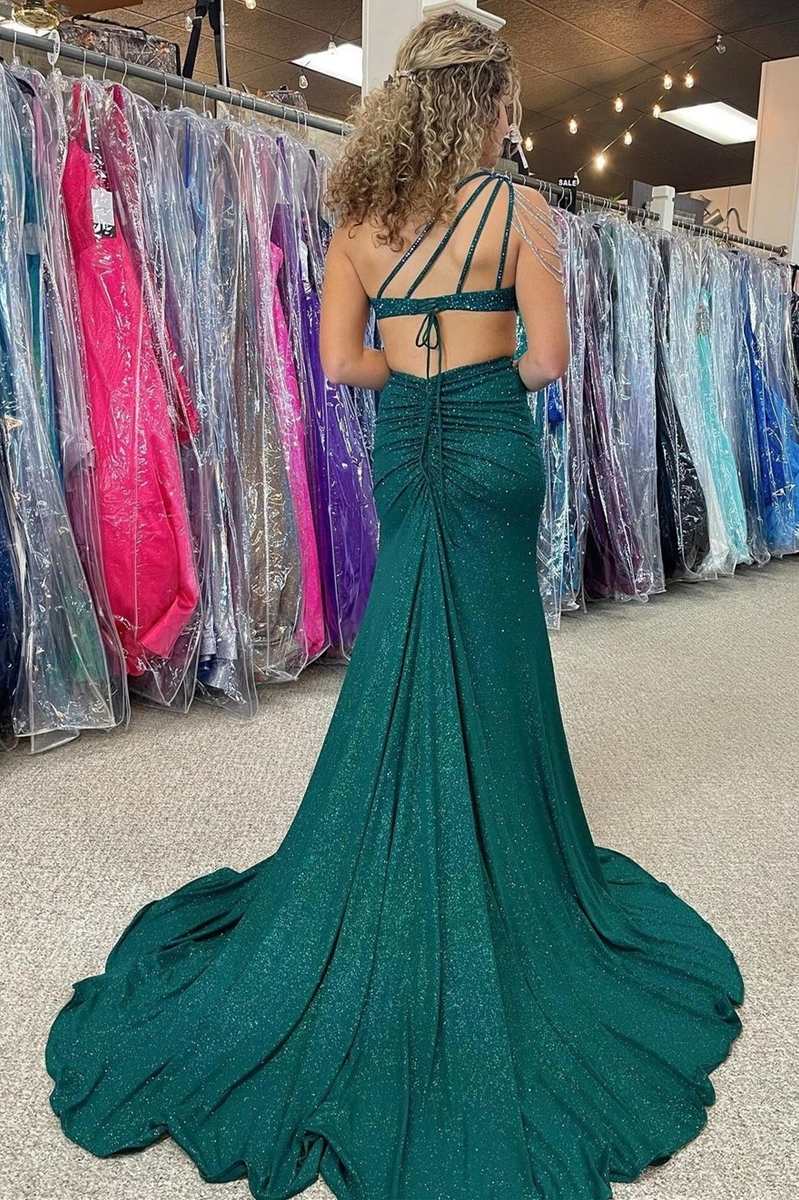Itzel | One-Shoulder Hunter Green Beaded Mermaid Long Prom Dress with Slit