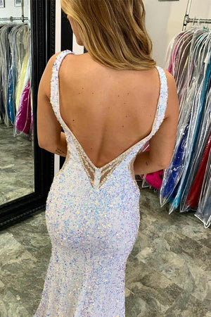 Glitter V-Neck Backless Sequins Long Mermaid Prom Dress - KissProm