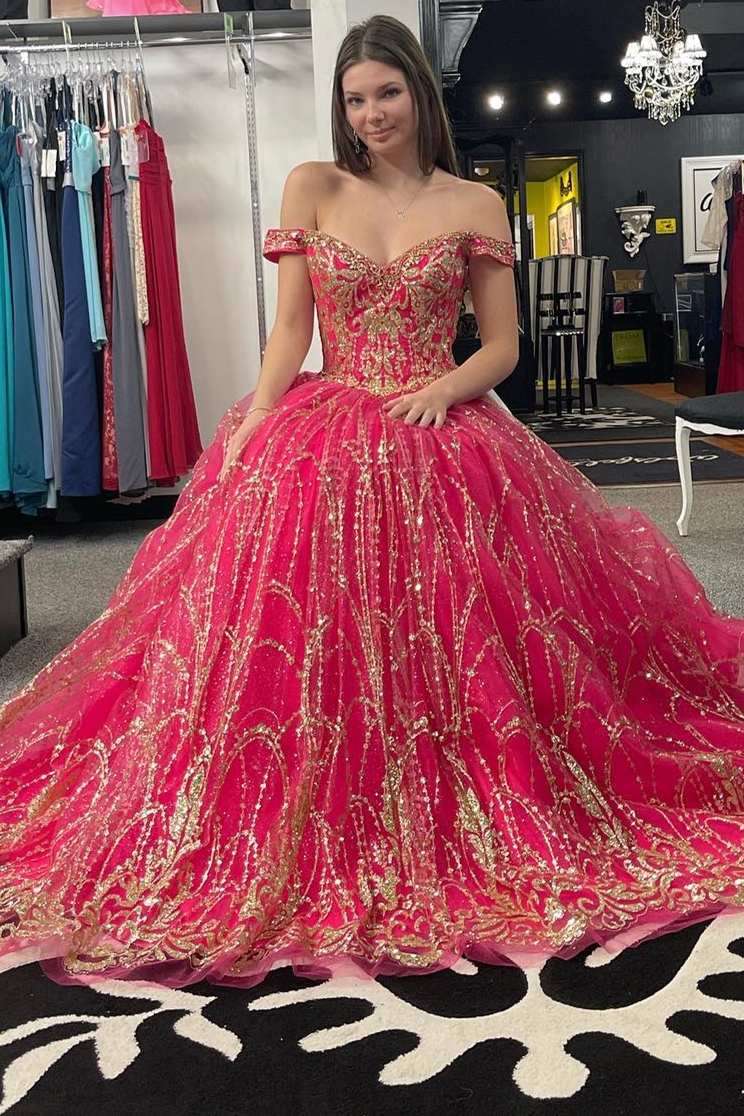 Quinceanera Dress Princess Off-the-Shoulder Red Sequin Lace Ball Gown