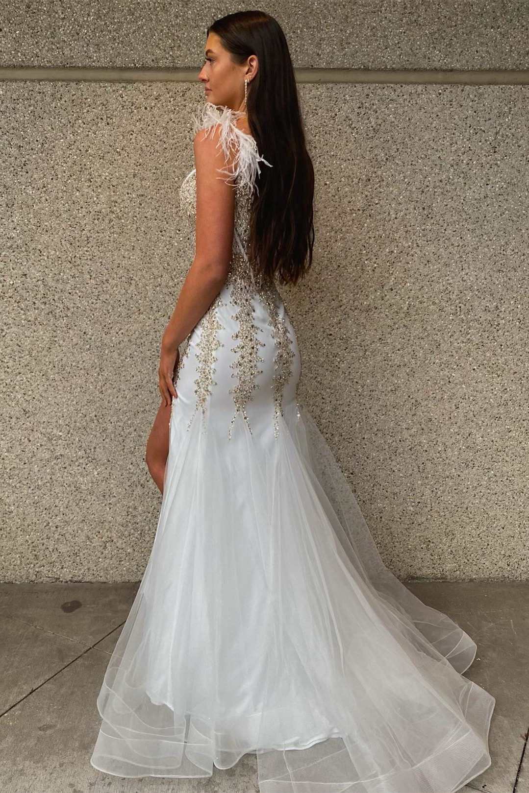 White Beaded Feather V-Neck Mermaid Long Formal Dress with Slit