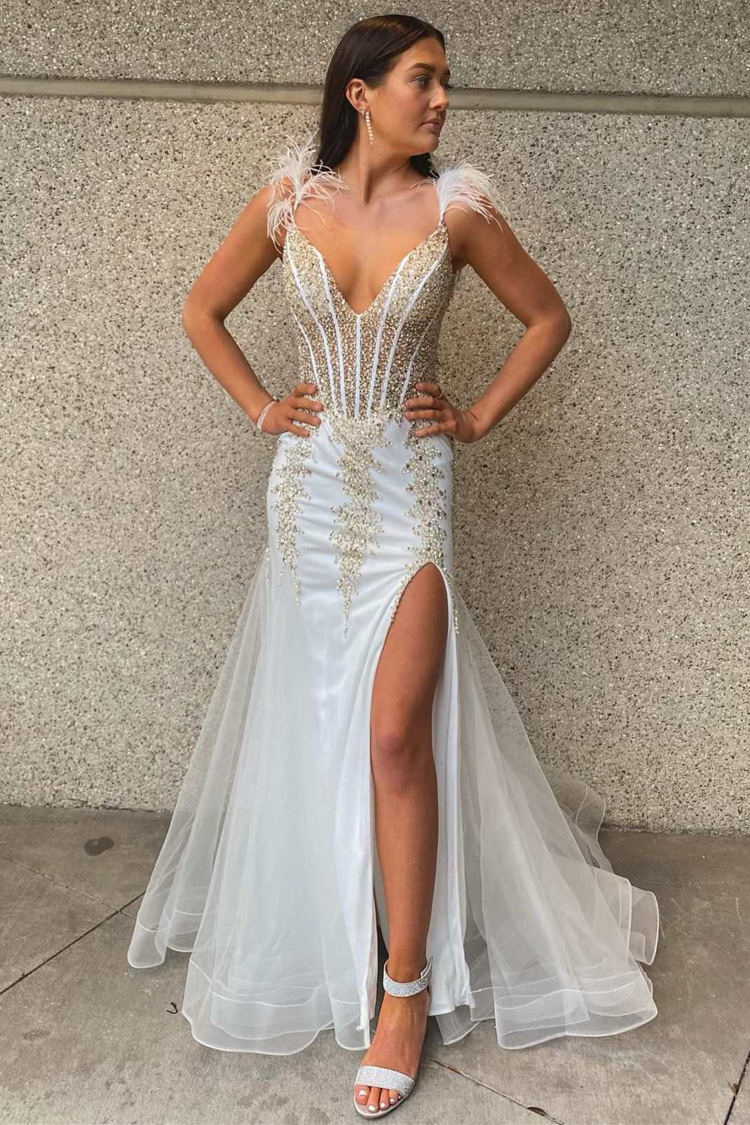 White Beaded Feather V-Neck Mermaid Long Formal Dress with Slit