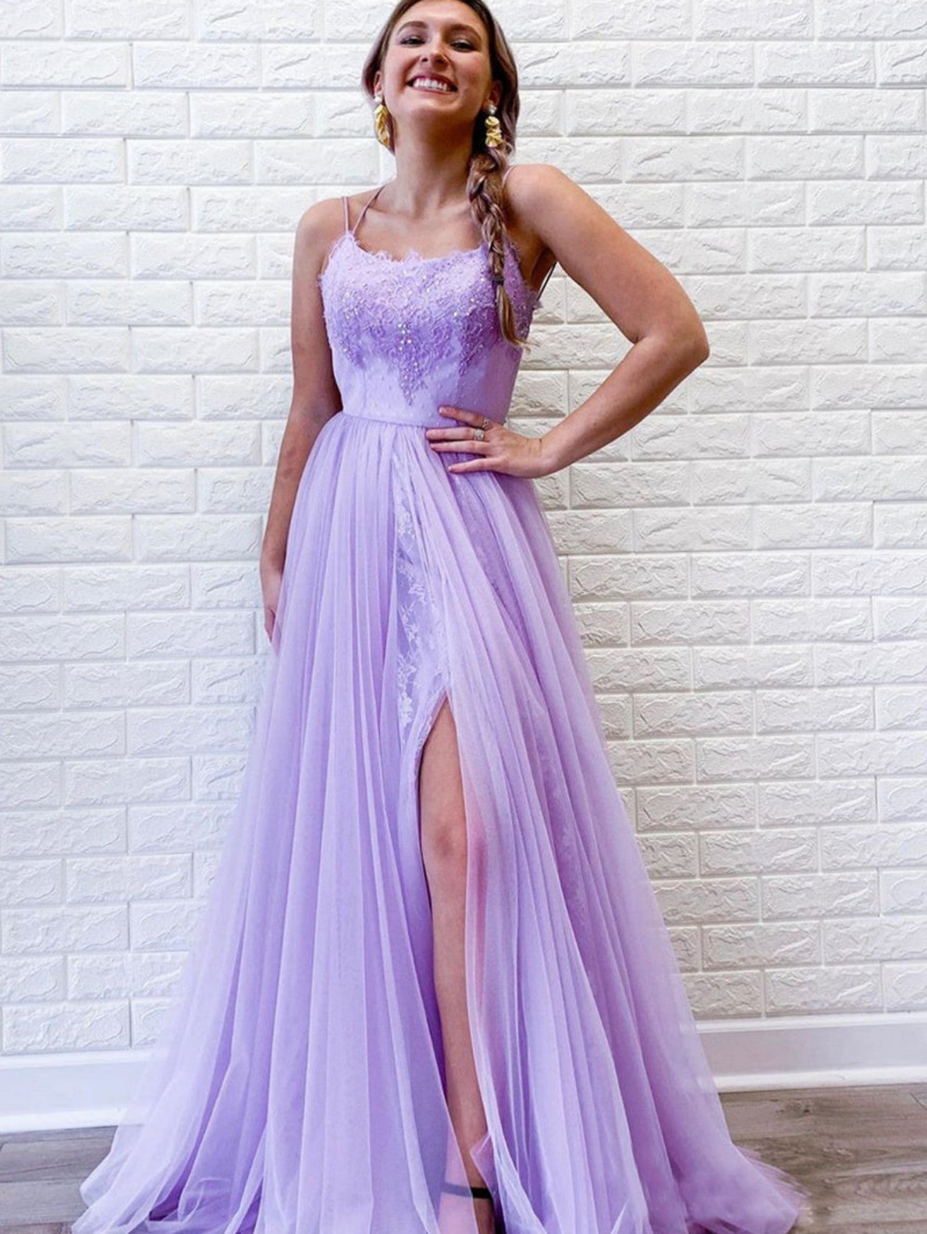 A Line Purple Backless Tulle Long Prom Dress