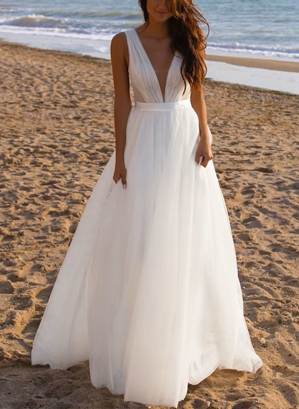 A-Line Deep V-neck Sleeveless Sweep Train Tulle Beach Wedding Dresses A-Line Deep V-neck Sleeveless Sweep Train Tulle Beach Wedding Dresses
