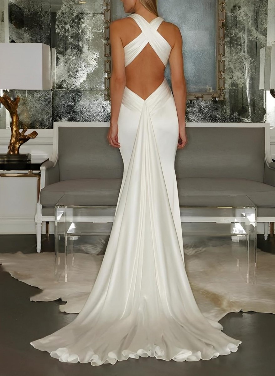 a-line princess prom dresses luxurious sweep train v-neck sleeveless Mermaid V-Neck Sleeveless Sweep Train Silk Like Satin Wedding Dresses
