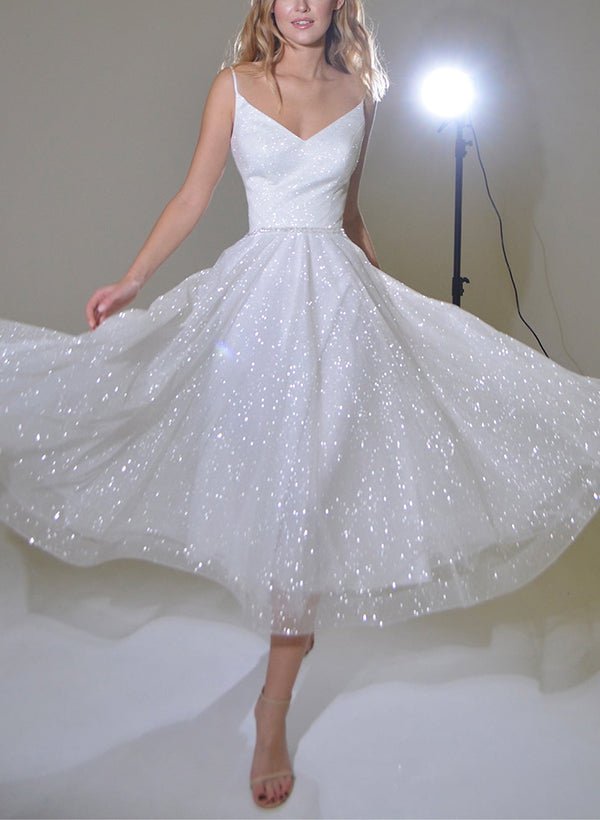 Shinny Long A-Line V-Neck Backless Sequins Wedding Dresses
