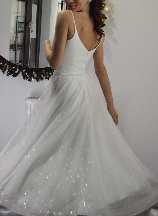 Shiny A-Line V-Neck Sleeveless Little White Sequined Wedding Dresses