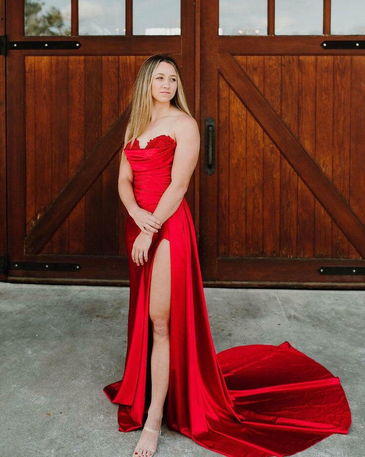 Mermaid Sweetheart Satin Prom Dress with Slit, Red / 18
