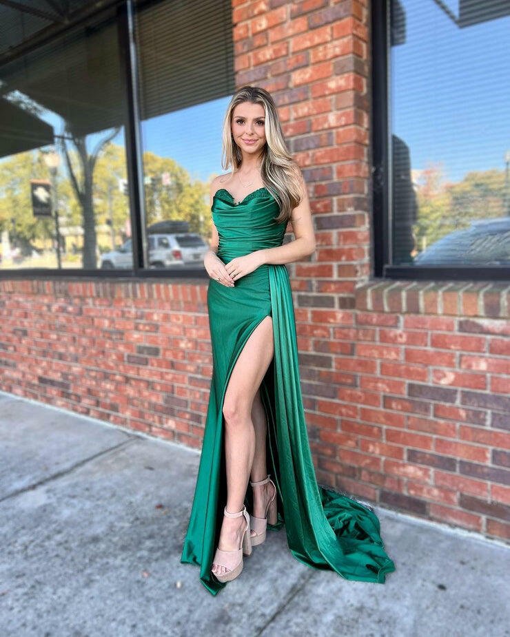 Vida Navy Blue Mermaid Strapless Satin Prom Dress with Slit Green / 16 Vida Navy Blue Mermaid Strapless Satin Prom Dress with Slit Green / 16