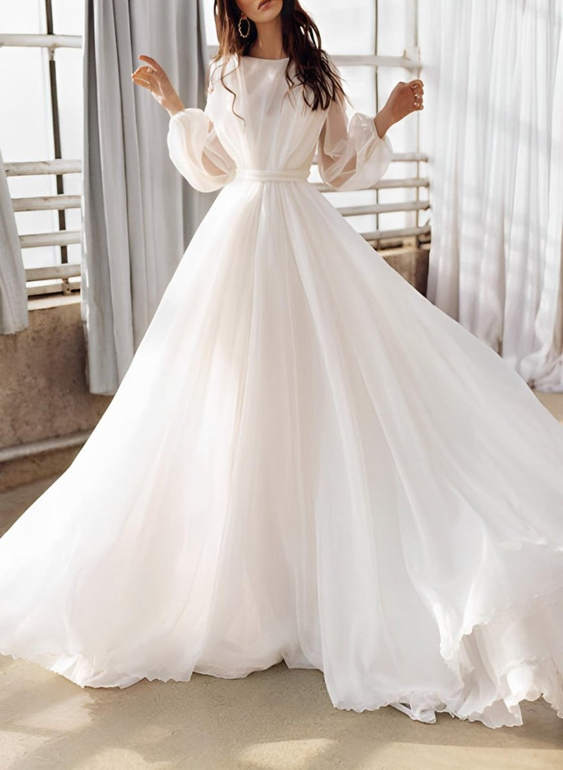 Illusion Neck Long Sleeves Sweep Train Wedding Dresses