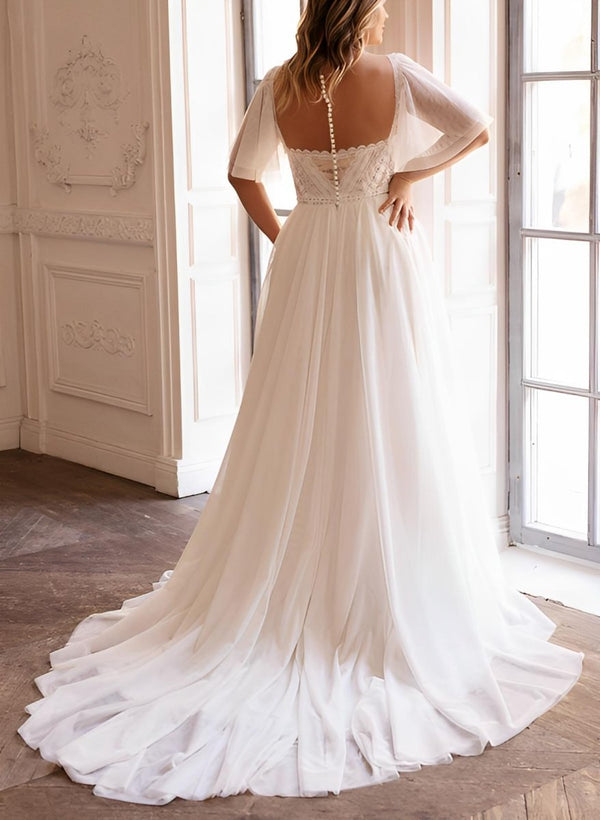 Plus Size Sweetheart Short Sleeves Sweep Train Chiffon Wedding Dresses – Wedding Dresses by Kissprom | Available at KissProm