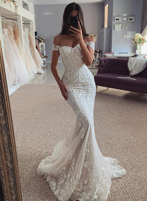 Mermaid Off - The - Shoulder Sleeveless Lace Wedding Dresses - KissProm