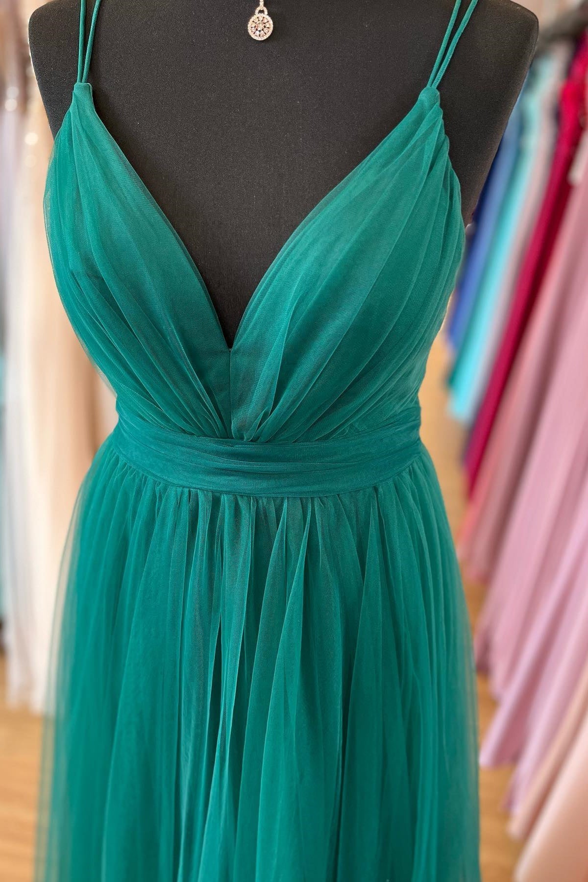 Ada | Hunter Green A-line Plunging V Neck Double Straps Pleated Long Prom Dress