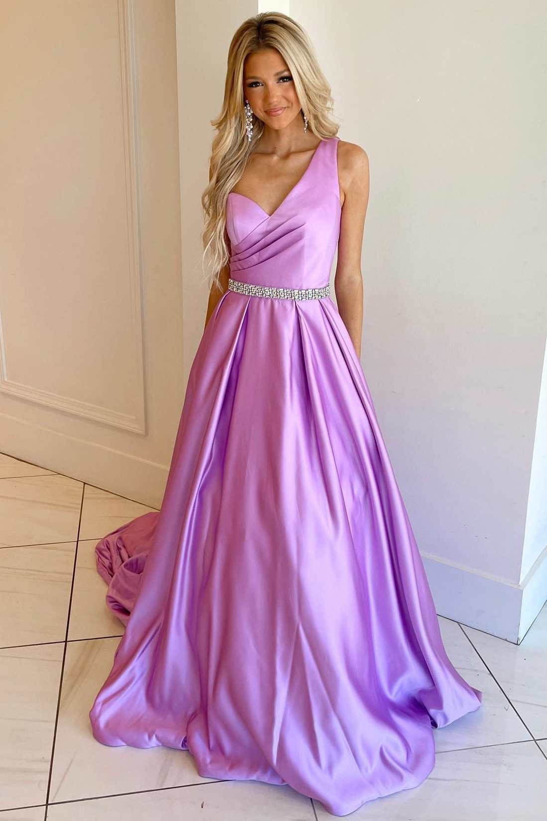 Asymmetrical Lilac Belted A - Line Prom Dress - KissProm