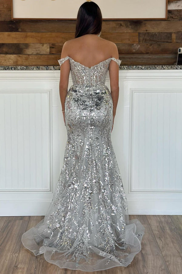 Elegant Mermaid Off The Shoulder Sequin Gold Evening Dress Long Slit Prom Dresses C3520 main image 1