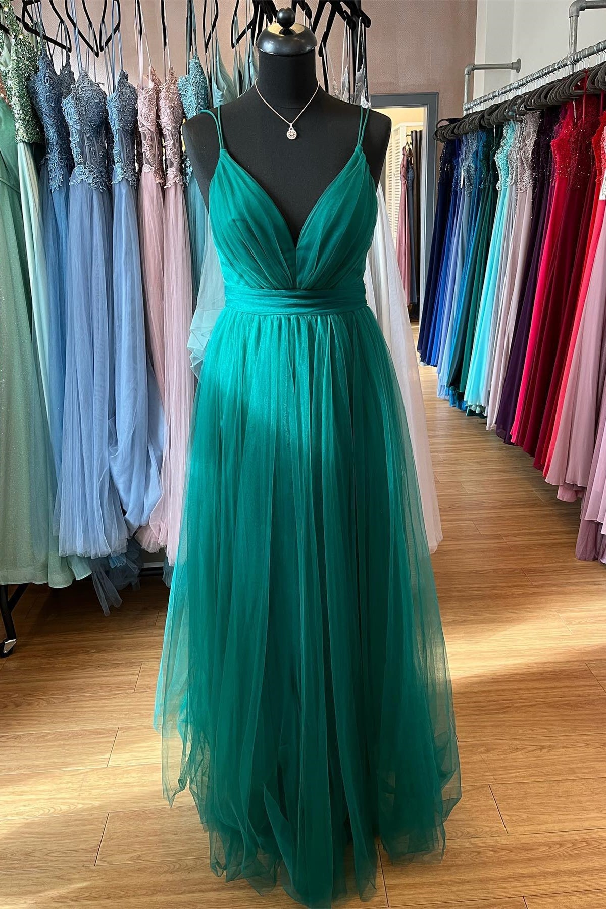 Ada | Hunter Green A-line Plunging V Neck Double Straps Pleated Long Prom Dress