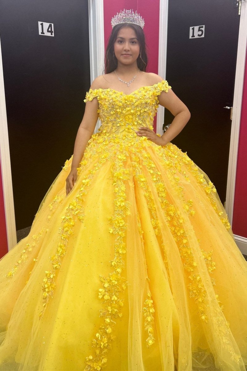 yellow quinceanera dresses Quinceanera Dress Yellow Off-the-Shoulder Ball Gown with 3D Floral Lace Yellow / 16