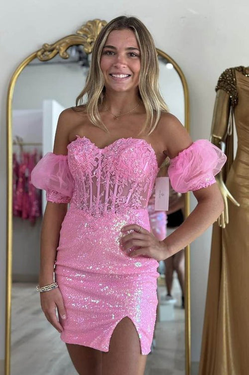 Pink Strapless Applique Bodycon Homecoming Dress wiith Sleeves - KissProm