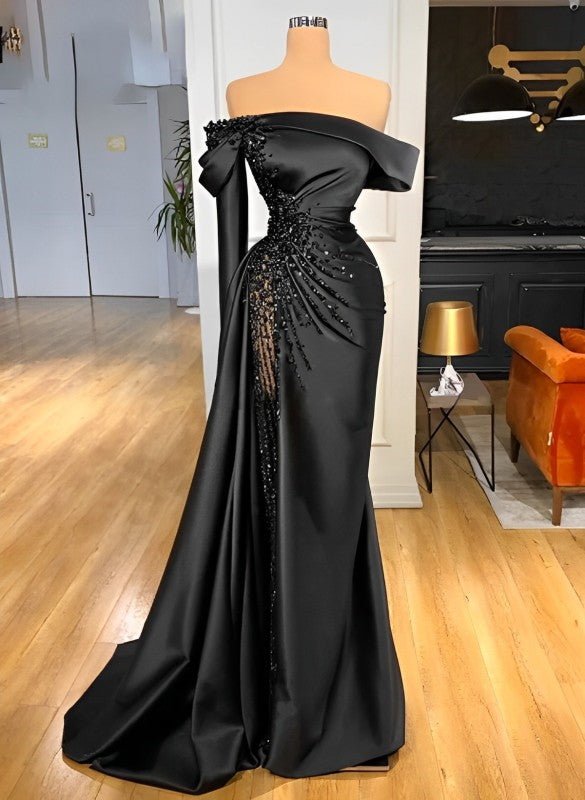Sheath Off-The-Shoulder Long Sleeves Satin/Sequined Prom Dresses Sheath Off-The-Shoulder Long Sleeves Satin/Sequined Prom Dresses