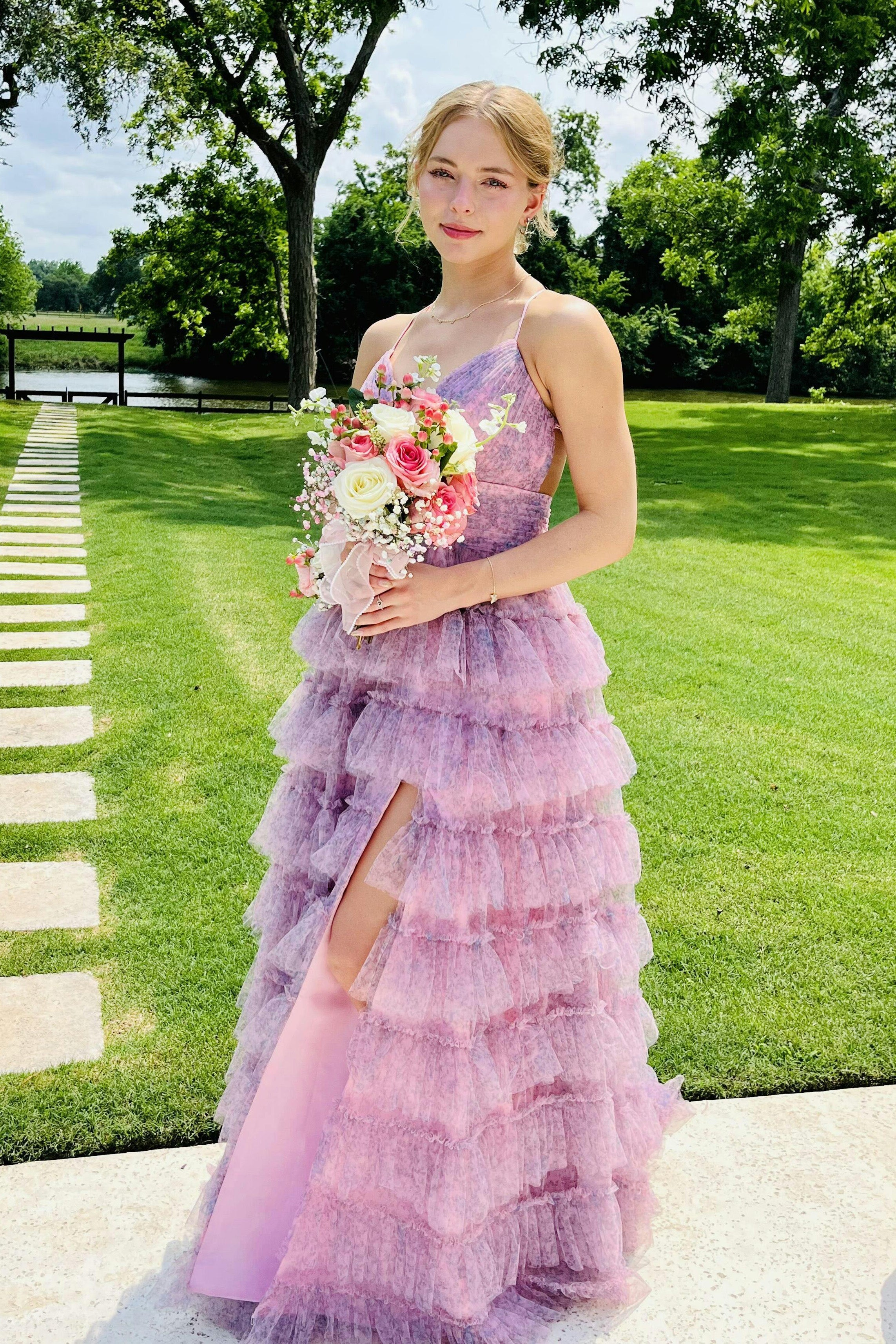 Arabella |A-line Spaghetti Straps Pink Tulle Prom Dress