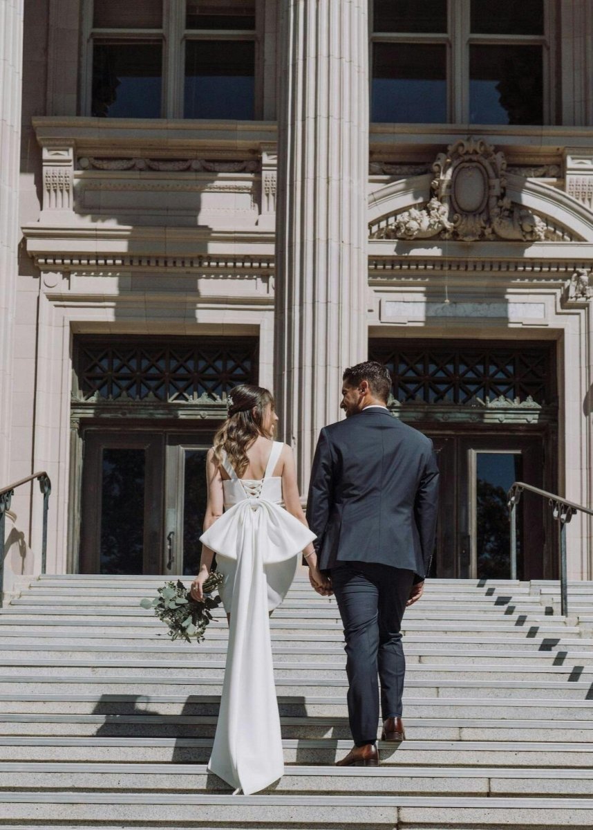 Yvaine | Square Neck White Satin Short Wedding Dress with Bow Back and Veil