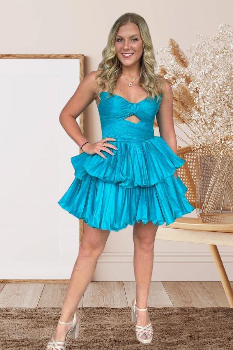 Blue Pleated A-line Short Dress with Keyhole