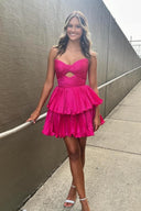 Blue Pleated A-line Short Dress with Keyhole