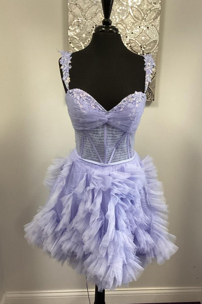 Straps Lavender A - line Ruffle Short Homecoming Dress - KissProm