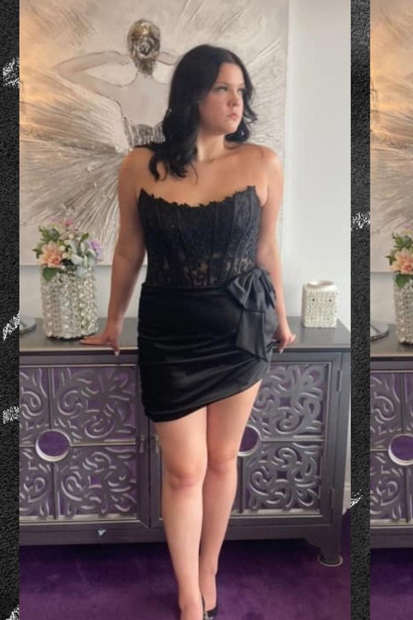 Strapless Red Ruched Tight Short Dress with Bow - KissProm