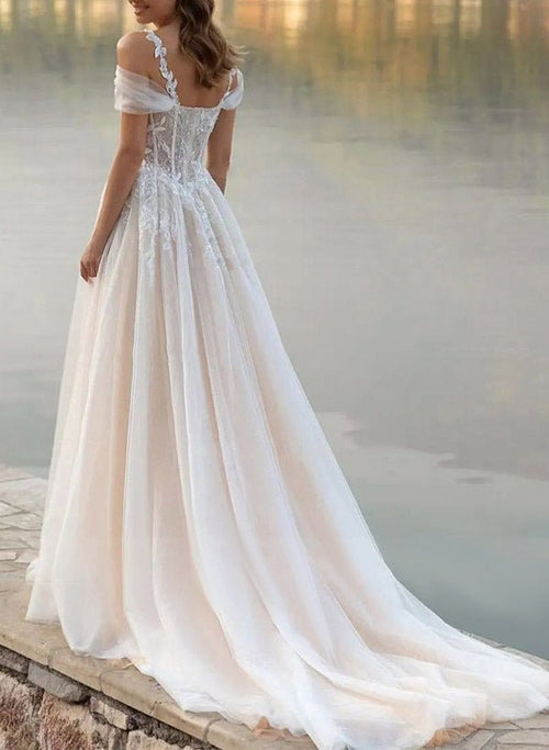 Off-The-Shoulder Tulle Wedding Dresses Split Front Appliques Lace main image 0