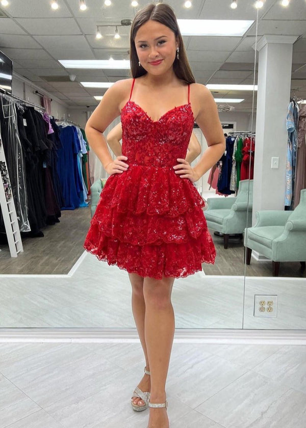 Reana | A- Line Sky Blue Sequins Multi-Layers Short Homecoming Dress