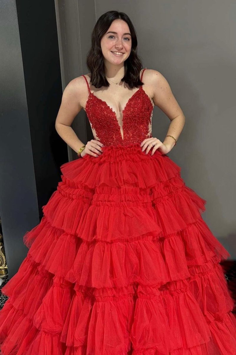 Hadlee | Black Beaded Spaghetti Strap Ruffle Tiered Ball Gown