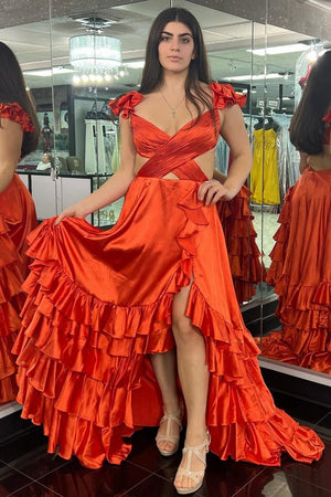 Brittany | Red Cutout Ruffle A-Line Long Prom Dress with Slit
