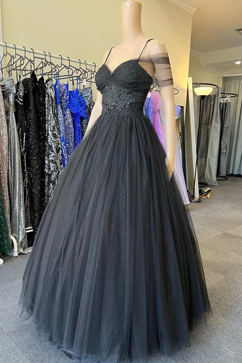 open lace back dress Princess Black Tulle Cold-Shoulder Long Prom Gown