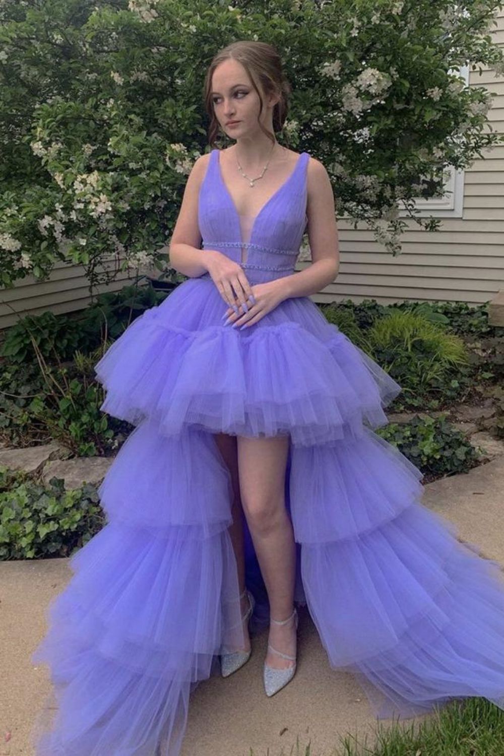 A-Line High Low Deep V Neck Lavender Long Prom Dress with Ruffles