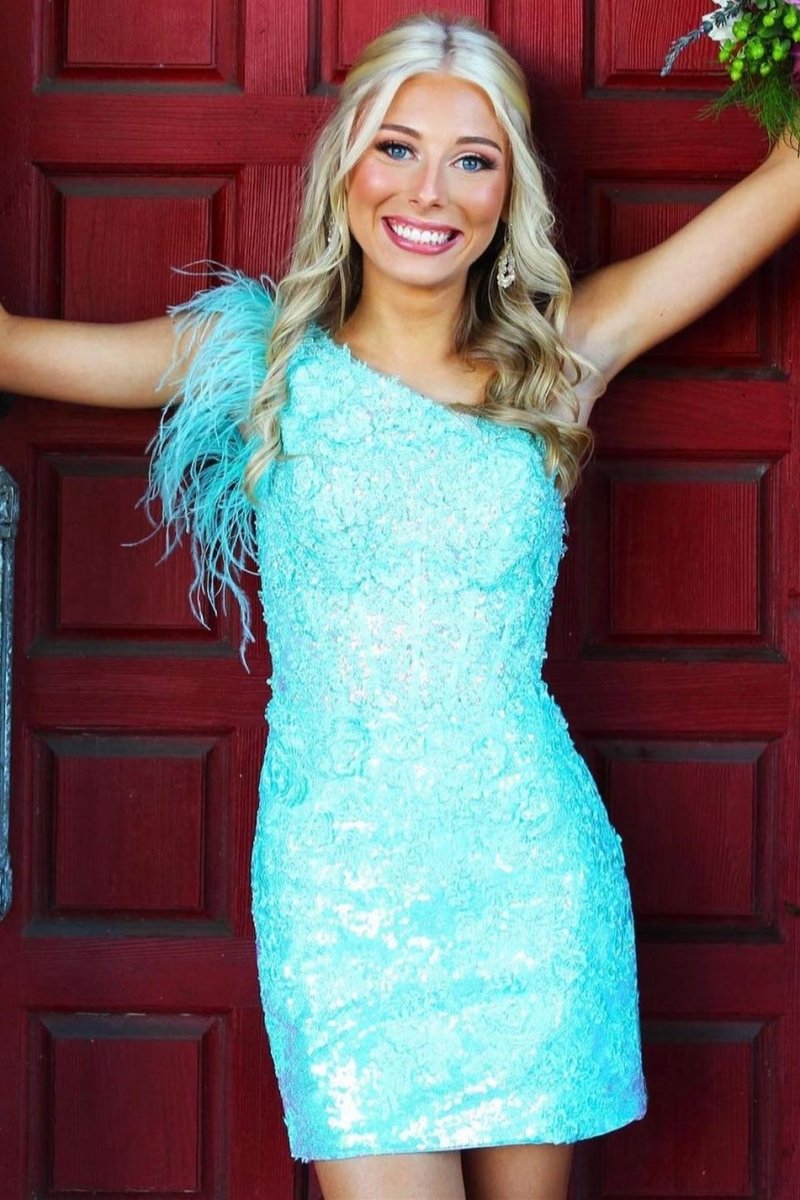 One-Shoulder Red Sequin Lace Sheath Mini Party Dresses with Feathers Blue / 00 / Sequins One-Shoulder Red Sequin Lace Sheath Mini Party Dresses with Feathers Blue / 00 / Sequins