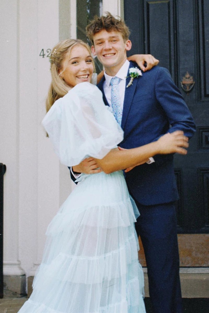 Sky Blue A Line Tow - Piece Tulle Prom Dress with Slit - KissProm