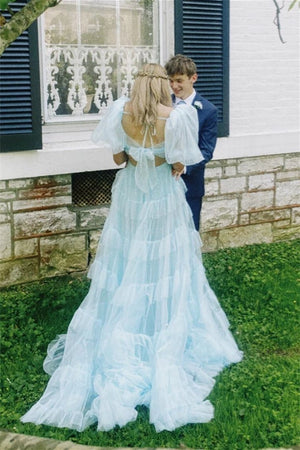 Rosalina |A Line Tow - Piece Tulle Prom Dress with Slit - KissProm