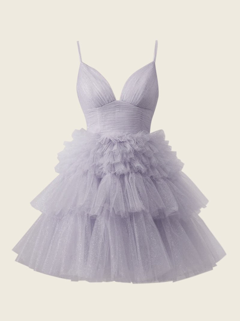 A-Line Deep V Neck Tiered Short Homecoming Dress - KissProm