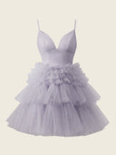 A-Line Deep V Neck Tiered Short Homecoming Dress - KissProm