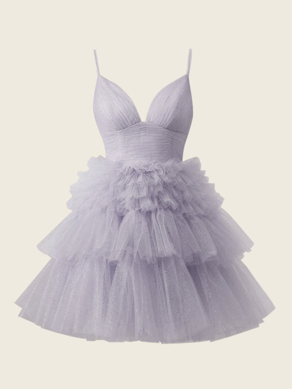 A-Line Deep V Neck Tiered Short Homecoming Dress - KissProm