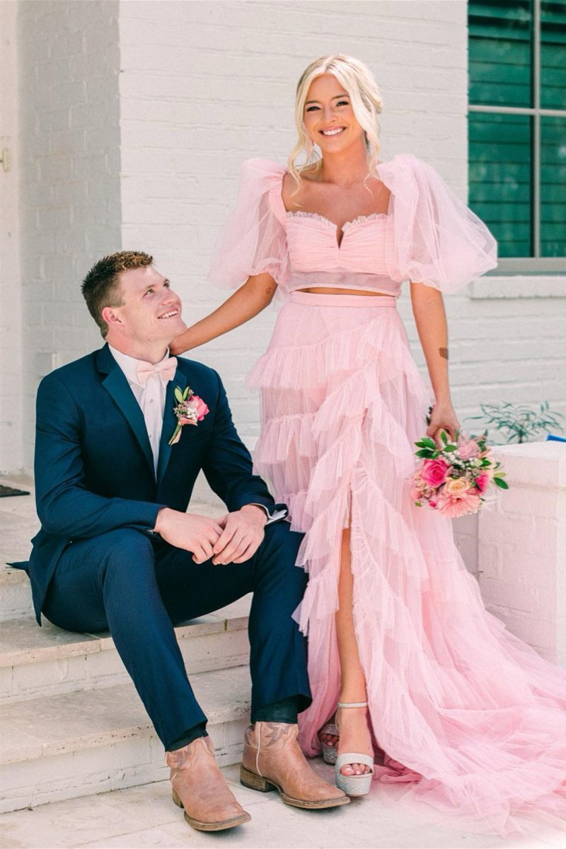 Rosalina Pink A Line Tow Piece Multi Tiered Tulle Prom Dress with Slit